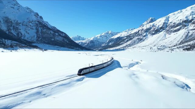 A sleek, modern train traverses a pristine, snow-covered mountain valley under a brilliant blue winter sky, offering a captivating view of a high-speed journey through an untouched alpine landscape