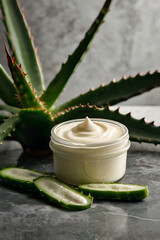 Natural skin care cream next to an aloe vera leaf on a stone surface. Reveals the secret to powerful hydration