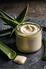 Natural skin care cream next to an aloe vera leaf on a stone surface. Reveals the secret to powerful hydration