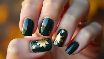 Elegant green nail design with gold leaves for Fall nails  