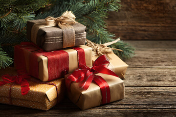Wrapped gifts ribbon bows wooden floor festive scene
