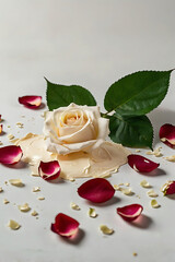 Elegant jar of face or body cream isolated on a pure white background. Delicate rose petals