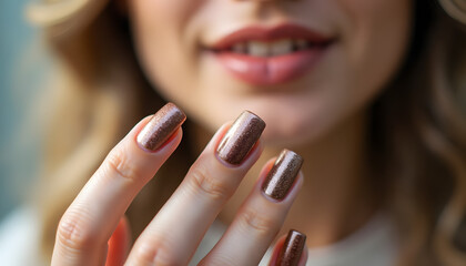 Woman showing off her manicured fall nails with a smiling expression  