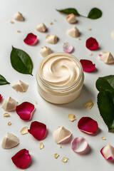 Elegant jar of face or body cream isolated on a pure white background. Delicate rose petals