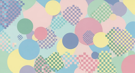 Abstract background with pastel circles and checkered diamonds in various sizes and overlapping arrangement.