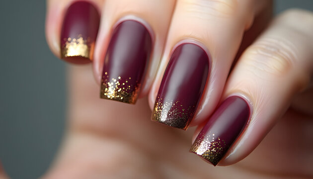 Elegant maroon nails with gold glitter tips designed for fall nails  