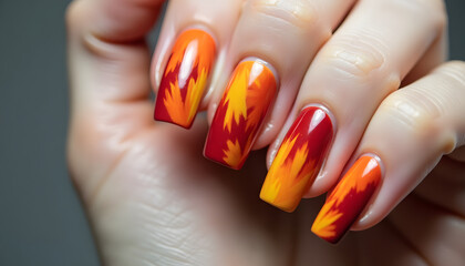 Colorful Fall nails with gradient design in orange and red shades  