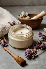 Natural beauty set for skin care. A jar of cream, a wooden brush for dry massage, a soft towel made of natural fabric