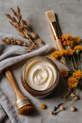 Natural beauty set for skin care. A jar of cream, a wooden brush for dry massage, a soft towel made of natural fabric
