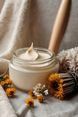 Natural beauty set for skin care. A jar of cream, a wooden brush for dry massage, a soft towel made of natural fabric