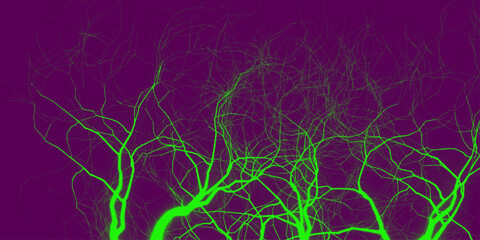 Abstract background, silhouette of colorful tree branches. Dramatic purple and green lightning strikes illuminate the sky during a fierce storm at dusk. Dark green neon marble banner abstract stone bg