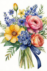 Watercolor illustration of a colorful spring bouquet tied with a ribbon on a white background