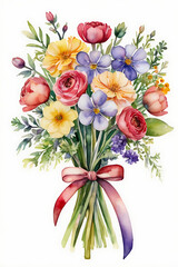 Watercolor illustration of a colorful spring bouquet tied with a ribbon on a white background