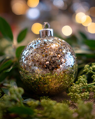 Glittery sphere nestled greenery holiday ornament detail
