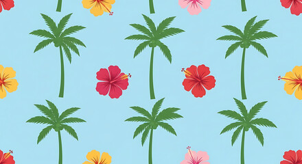 Seamless pattern of palm trees and hibiscus flowers on a light blue background, creating a tropical summer vibe.
