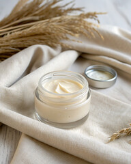 Natural cream in a simple glass jar. Linen fabric in the background, symbolizing natural origin