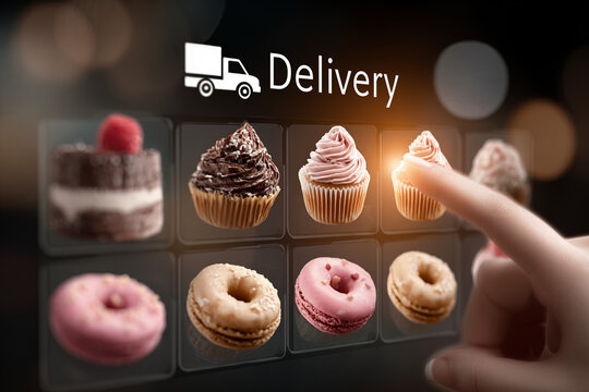 Modern digital interface for food delivery with food delivery car icon , finger pressing virtual menu icons of bakery items such as cake, donut, cupcake, and macarons, bakery apps and delivery service