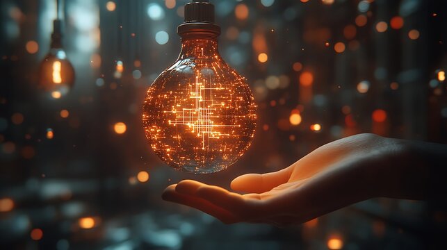 Illuminated light bulb with intricate circuitry design held by a hand