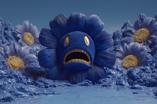 Blue Flower Face with Sad Expression in a Sea of Paint Surreal Creative Art.