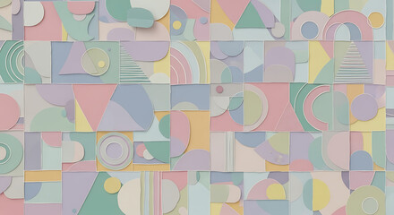 Abstract pastel collage of geometric shapes and forms, creating a textured and layered pattern with soft, muted colors.