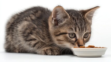 Detailed photo of shy cat with bowl of food