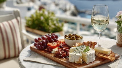 Greek food Shrimp, Seafoods, appetizers salads on table in Greece or Turkey. Aegean seaside, Turkish style fish restaurant in Bodrum, Santorini or Mykonos glass of white wine