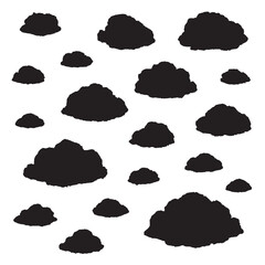 Collection of black cloud silhouettes on a pure white background perfect for icons logos prints and creative design projects with clean bold style