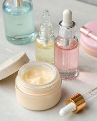 Elegant pastel mockup for beauty products. Cream jar and transparent glass bottles with pipettes