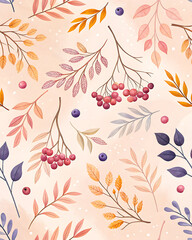 Pastel background with delicate patterns of autumn berries and openwork twigs