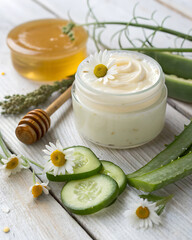 Natural body cream, the ingredients of which it is made: fresh cucumber, aloe vera slices, natural honey