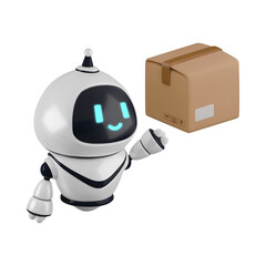 Vector cartoon 3d robotic delivery. Realistic 3d render robot character with carton box. Chat bot parcel management, smart storage, logistics automation assistant service concept.
