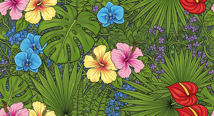 A vibrant and colorful illustration featuring a dense arrangement of tropical flowers, leaves, and plants in a seamless pattern design.