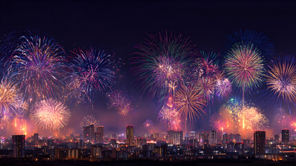 Fireworks city skyline night festive celebration
