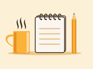 Notebook, pencil and coffee cup, vector illustration