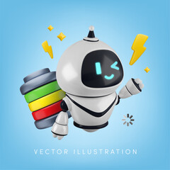 Vector cartoon 3d charging robot banner. Realistic 3d render robot character with battery indicator, lightning on blue background. Futuristic science, smart electric power technology