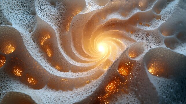 Abstract foam spiral with golden light, an intriguing texture background element