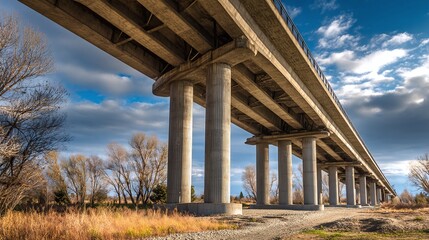 Elevated highway spans the landscape, supported by robust concrete pillars, contrasting with the golden grasses and cloudy skies below.