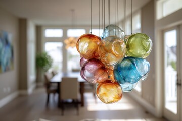 Handmade rainbow-hued blown glass light fixture