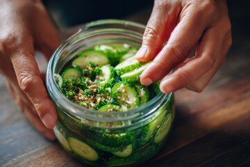 Hands mix cucumbers for homemade pickles