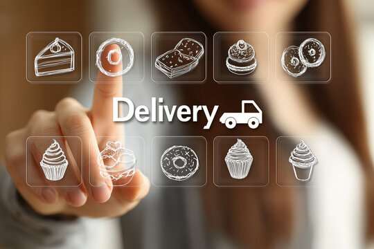 Modern digital interface for food delivery with food delivery car icon , finger pressing virtual menu icons of bakery items such as cake, donut, cupcake, and macarons, bakery apps and delivery service