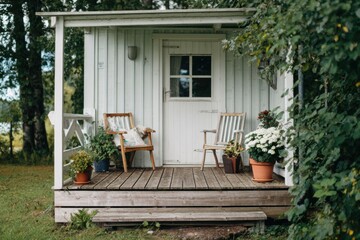 Tiny house porch with chairs and potted plants