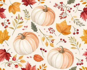 Watercolor autumn pattern with pumpkins and leaves
