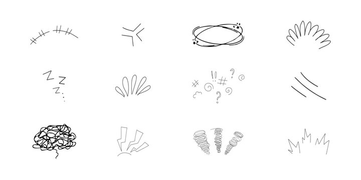 Comic manga effect angry exclamation expressions, hand drawn sketch line emoticon anime reaction set. Scribble anime dizzy marks 