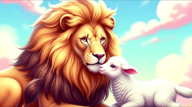 Animated lion and lamb illustration with soft colors and friendly interaction