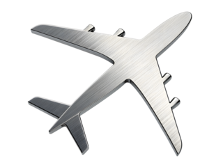 Sleek metallic airplane icon symbolizing modern travel, global aviation, and business journeys.Isolated on white background.