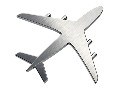 Sleek metallic airplane icon symbolizing modern travel, global aviation, and business journeys.Isolated on white background.