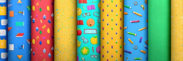 Brightly colored paper rolls showcase playful school-themed patterns, including books, apples, and pencils, arranged in an organized and vibrant display.
