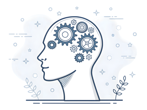 Intricate gears within a stylized human head silhouette symbolize complex thought processes and innovative ideas for business and technology.Isolated on white background.