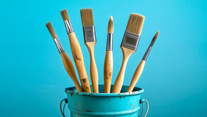 An old blue bucket with various brushes against a plain wall. Traces of use and wear are visible. The atmosphere of a creative workshop and comfort.