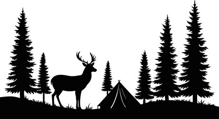 Black silhouette of a deer against the background of a coniferous forest and a campsite. Minimalistic style for a logo or design on a nature theme.